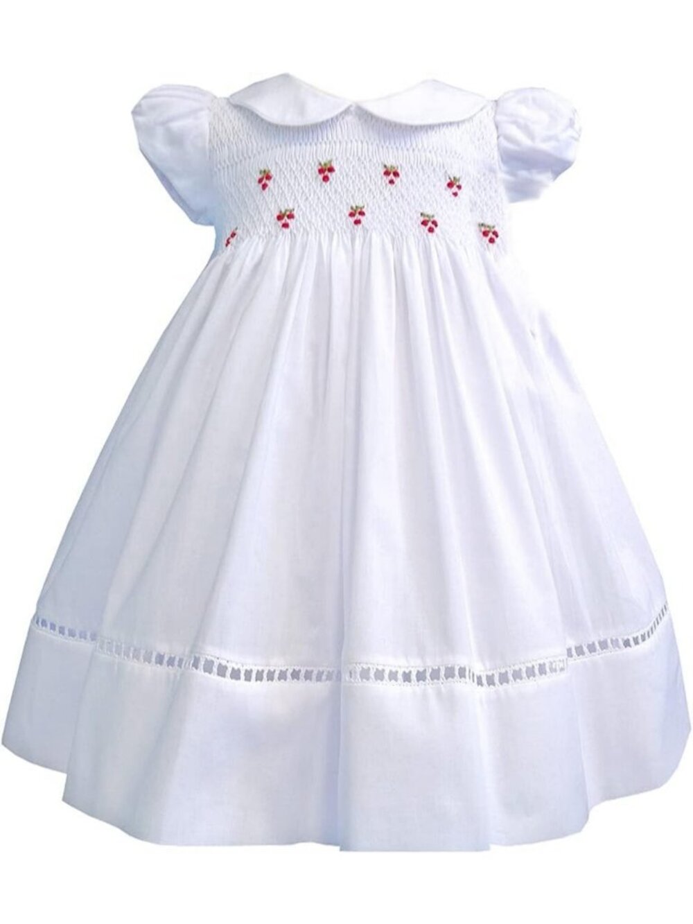 Elegant White Christmas Smocked Dress for Girls with Red Embroidery Detail